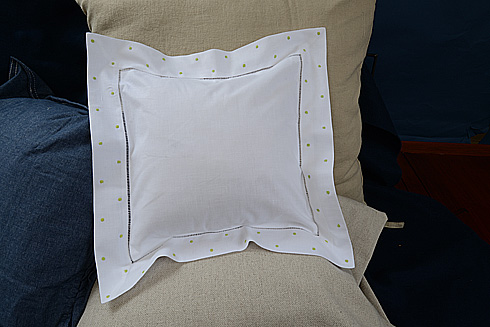 Square Hemstitch Baby Pillow 12"x12" Mint Green Swiss Polka Dots